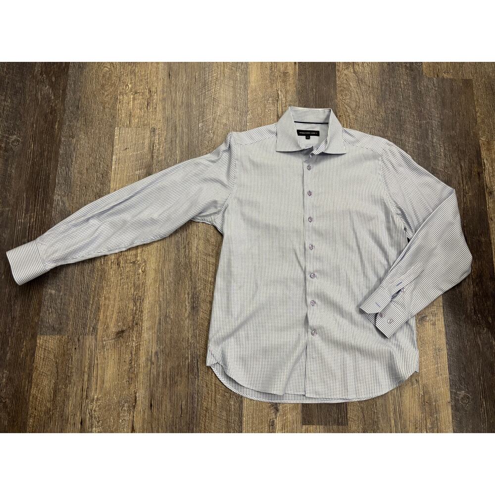 International Laundry Mens Blue White Grid Cotton Dress Shirt 15.5 M Long Sleeve